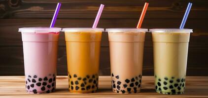 Plastic cups of different tasty bubble tea on wooden background. Generative AI photo