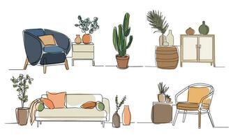 A collection of contemporary furniture and home furnishings. Continuous one line drawing. Vector illustration