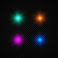 Light effect of lens flares. Set of four green, orange, purple and blue glowing lights starburst effects with sparkles on a dark background. Vector illustration