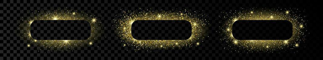 Set of three golden rounded rectangle frames with glitter, sparkles and flares on dark background. Empty luxury backdrop. Vector illustration.