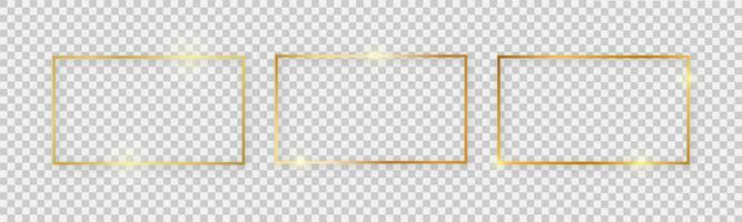 Rectangular shiny frames with glowing effects. Set of three gold rectangular frames with shadows on background. Vector illustration