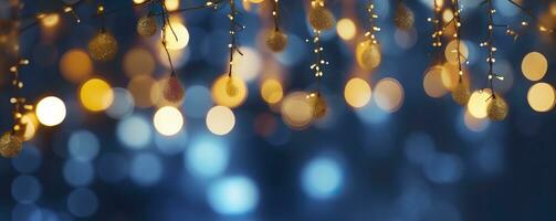 holiday illumination and decoration concept, Christmas garland bokeh lights over dark blue background. AI Generated photo