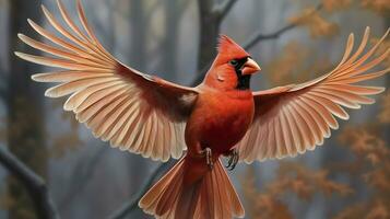 Northern Cardinal coming in for a landing. Generative AI photo