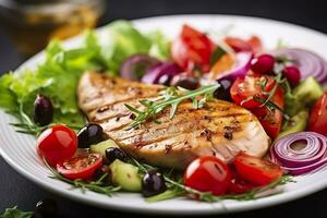 Grilled chicken breast with tomatoes, red pepper, organic green and kalamata olives. AI Generated photo