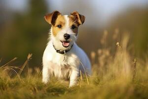 Happy jack russell terrier pet dog waiting, listening in the grass. AI Generated photo
