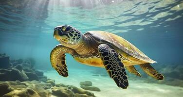 Photo of Sea turtle in the Galapagos island. Generative AI