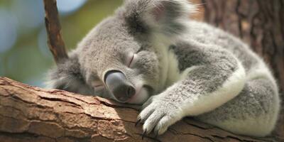 coala dormido en árbol. ai generado foto