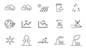 Icon collection with zero emission symbol concept. greenhouse gas carbon credit design set. protect ecological green vector outline. carbon net zero neutral natural. carbon footprint art pictogram