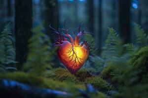 brillante bioluminiscente planta conformado me gusta un humano corazón, en un misterioso bosque. generativo ai foto