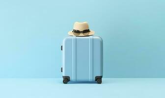 azul maleta con Gafas de sol en un pastel azul antecedentes. viaje concepto. generativo ai foto