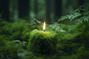 Burning candle on moss, dark green blurred the natural background. Magic candle. Generative AI photo