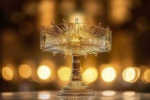 The golden monstrance with a little transparent crystal center, consecrated host. church defocused background. AI Generative photo