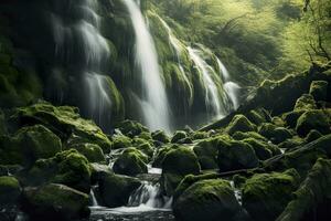 Waterfall landscape with rocks covered in green moss. AI Generated photo