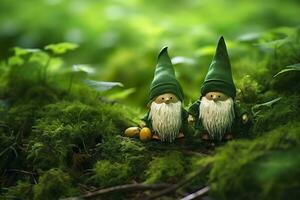 Toy Irish gnomes in a mystery forest, abstract green natural background. Generative AI photo