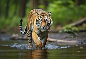 Amur tiger walking in the water. Dangerous animal.  Animal in a green forest stream. Generative AI photo