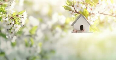 Toy house and cherry flowers, spring abstract natural background. Generative AI photo