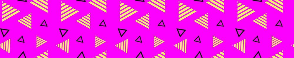 Triangles and pyramids on purple surface seamless pattern. Yellow with black geometric shapes for texture design and vector decoration
