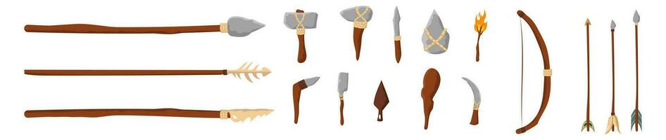 Primitive weapon set. Caveman bow and ax with prehistoric spear sickle and arrow for vector hunting