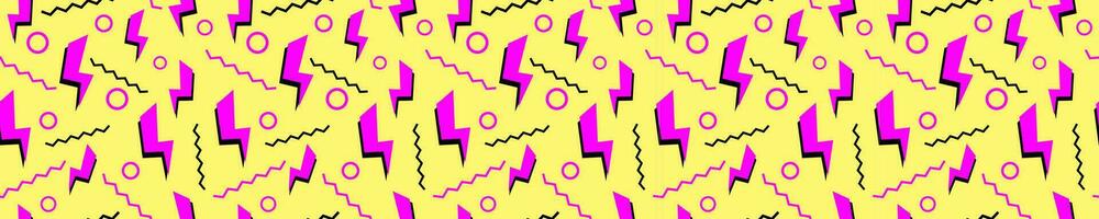 Purple lightning bolts on yellow surface seamless pattern. Electrical abstract symbols with wavy lines and circles for retro decoration and vector design