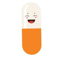 gracioso curación pastillas sonriente dibujos animados pastillas y cápsulas con corazones riendo analgésicos antibióticos gracioso coronovirus tratamiento color vector salud.