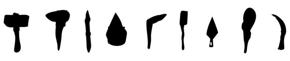 Primitive weapon and tool silhouette. Caveman hammer and ax with sickle and arrow for hunting and rural vector work