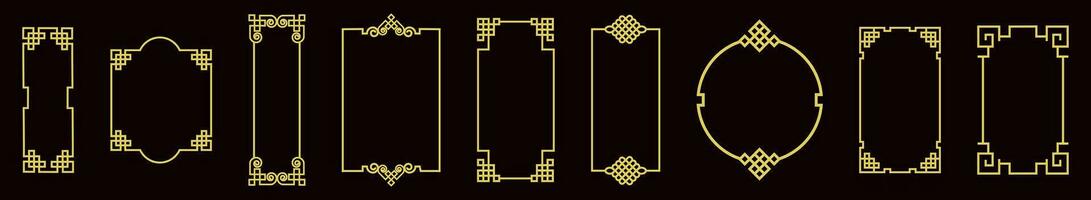 Set of various traditional golden china frame isolated on red background. Collection of different chinese retro border vector flat illustration. Yellow vintage decorative corner