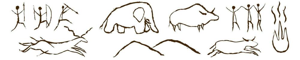 Pintura rupestre cueva símbolo de arte antiguo dibujado a mano ilustración vectorial. Animal prehistórico y pueblo primitivo tradicional adorno de caza aislado sobre fondo blanco. vector