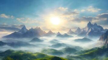 Mountain landscape. Panoramic view of the mountains and the sun. AI Generative photo