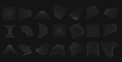 Geometric grids set. White lattice shapes with warp and distortion digital ornament for design and web vector presentation