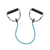 Band training for fitness exercises. Sports trainer with black handles and blue elastic wire for stretching and active vector warm up.