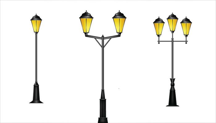 Glowing street lights isolated. Vintage lighting in glass bells on curly iron pillars elegant triple and double retro vector lanterns