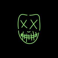 Neon green zombie mask. Creepy character with cross eyes and sewn mouth with fangs for halloween and vector party