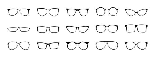 Stylish glasses with black frames of various shapes set. Sunglasses accessory to protect eyes from sun with stylish lenses and plastic vector frames.