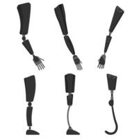 prótesis de humano manos y pies colocar. moderno negro Superior miembro reemplazos con biónico sensores para cómodo vivo y vector Deportes