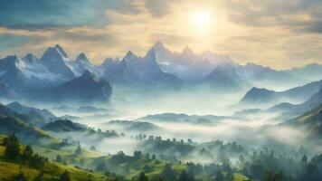 Mountain landscape. Panoramic view of the mountains and the sun. AI Generative photo