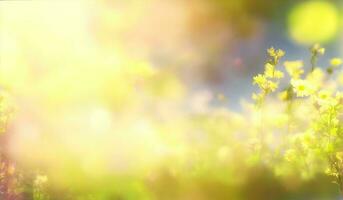 Spring nature background with green grass, flowers and bokeh. AI Generative photo