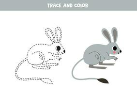 Trace and color cartoon jerboa. Worksheet for children. vector