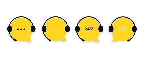 Support service chat icon set. Yellow speech bubbles in headphones assistants in technical problems and helpline with marketing vector consultants