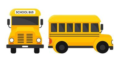 School bus front and side view. Yellow passenger transport for transportation of children and trips on excursions with vector comfort