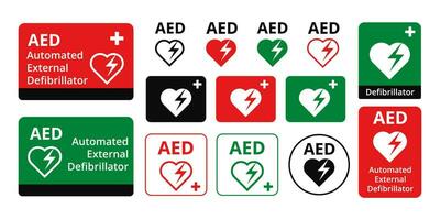 Labels for designation of medical defebrilator. Stickers device with heart and lightning for emergency vector resuscitation.