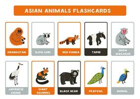 Cute Asian animals with names. Flashcards for learning English. vector