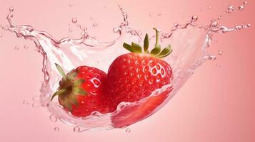 Freshly Splashed Strawberry on Colored Background with Water Droplets.AI Generative photo