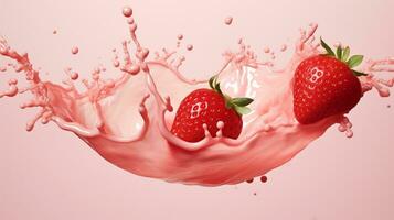 Fresh strawberries splashed in milk spread on a pink background.AI Generative. photo