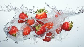 recién salpicado fresa en blanco antecedentes con agua gotitas.ai generativo foto