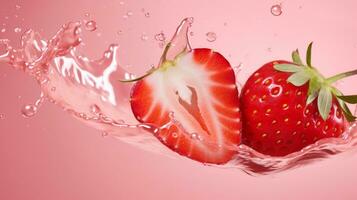 Freshly Splashed Strawberry on Colored Background with Water Droplets.AI Generative photo