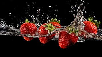 Freshly Splashed Strawberry on black Background with Water Droplets.AI Generative photo