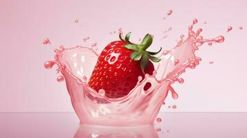 Freshly Splashed Strawberry on Colored Background with Water Droplets.AI Generative photo