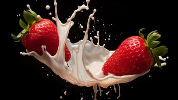 Freshly Splashed Strawberry on milk black Background with milk Droplets.AI Generative photo