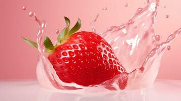 Freshly Splashed Strawberry on Colored Background with Water Droplets.AI Generative photo