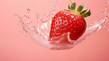 Freshly Splashed Strawberry on Colored Background with Water Droplets.AI Generative photo